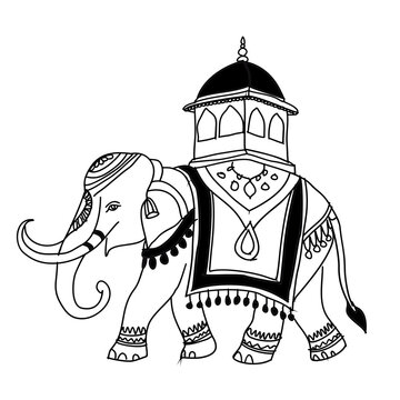 Traditional Indian Wedding Elephant Illustration &ndash; Line Art Decorated Elephant