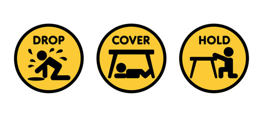 Safety icons show drop, cover, and hold positions for earthquake preparedness.