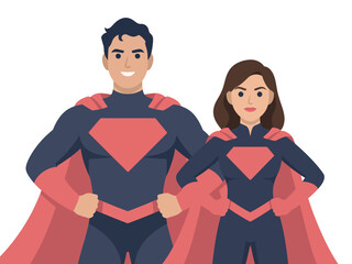 A man and woman stand proudly in matching superhero costumes with red capes and emblems.