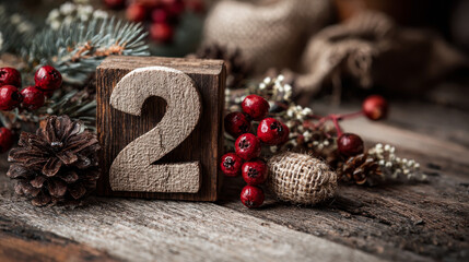 A wooden perpetual calendar displaying December 2, surrounded by Christmas decorations, creating a festive winter atmosphere.
