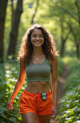 Fototapeta premium Smiling young woman walks in forest path. She wears an insulin pump. Happy female enjoys life while controlling diabetes with modern equipment outdoors
