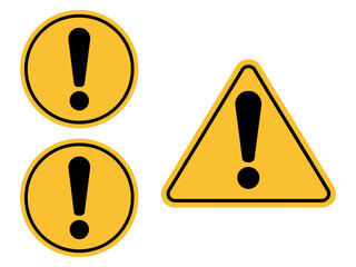Three yellow warning signs with black exclamation points represent a caution alert.