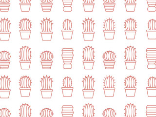 A repeating pattern of potted cactus illustrations in red outline on a white background.