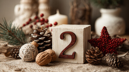 A wooden perpetual calendar displaying December 2, surrounded by Christmas decorations, creating a festive winter atmosphere.
