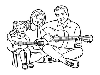 A smiling family of three sits together and plays acoustic guitars, enjoying music.