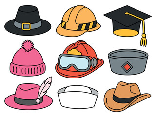 Collection of diverse hats representing different professions and styles.