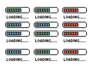 Multiple pixelated loading bars with different colors and progress indicators