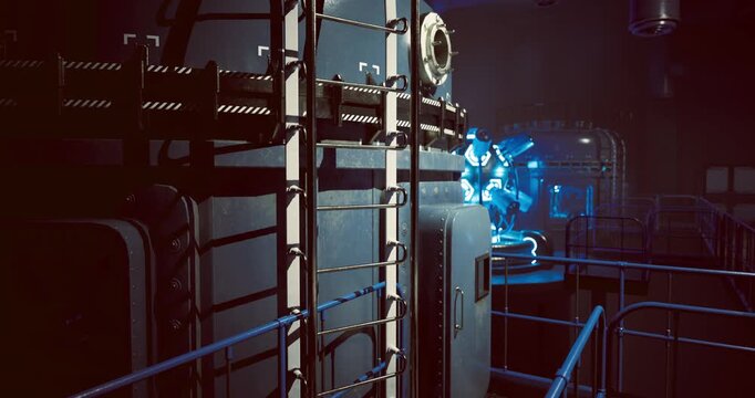 Dimly lit industrial facility showcasing complex machinery and a vibrant blue light. Ladders and piping create a dynamic environment, emphasizing the depth of the space.