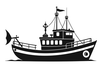 Monochrome fishing vessel sails gracefully along the water, its stark silhouette an iconic maritime presence