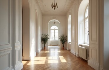 Luxurious hallway interior in classic style. Long corridor with white walls elegant design and wood floor. Sunlight falls through windows plants in pots. Classical home entrance.