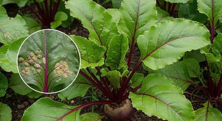 Beetroot plant with healthy and diseased leaves leaf vegetable garden spots tan raised surface agriculture crop food organic farming