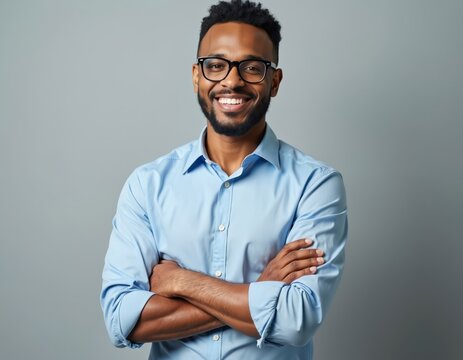Smiling man with glasses in blue shirt poses with arms crossed against gray background. Confident, friendly expression suggests professionalism and approachability for business or lifestyle content.