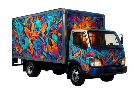 Graffiti art box truck with interior lighting for showcasing artwork.