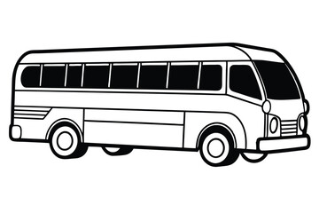 Monochrome outline depicts a passenger bus with multiple windows and visible tires on a white backdrop