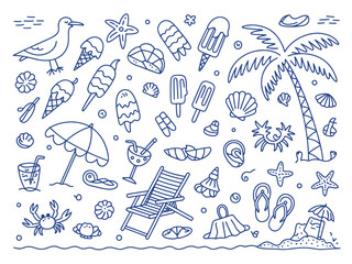 Doodle style illustration of beach themed objects including palm tree and ice cream