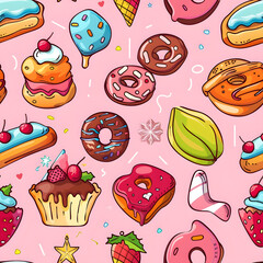 Seamless pattern with cupcakes pink background 