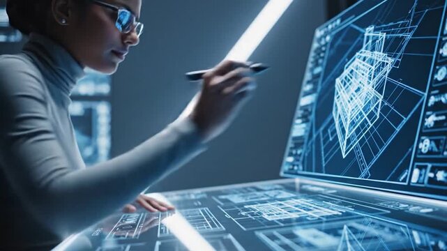 Engineer working on futuristic holographic architectural blueprint design with stylus on digital interface