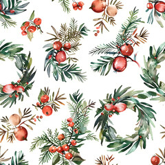 Christmas seamless pattern with holly berries with white background 