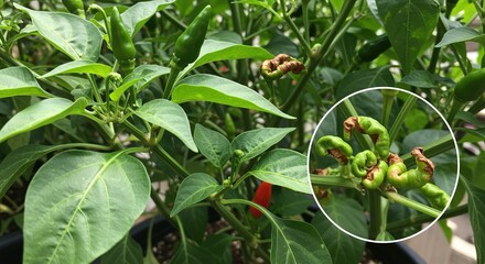 Green chili pepper plant with some damaged peppers curled brown healthy garden vegetable crop agriculture farming food spice hot leaf
