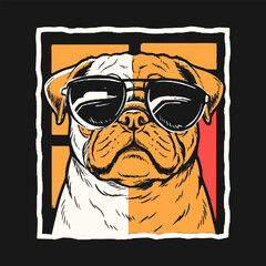 Graphic Cool Bulldog Wearing Sunglasses with a Retro Style Background