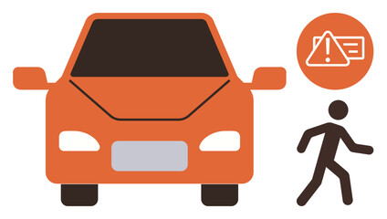 Orange car, pedestrian walking, and warning sign highlighting a road safety alert system. Ideal for vehicle technology, safety, accident prevention, awareness campaigns, traffic rules, urban