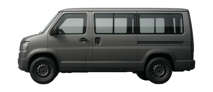 Boxy utility van featuring long side windows.