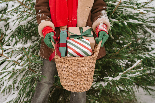 Close-up of a woman in a warm coat and gloves standing by snow covered Christmas fir trees holding a basket filled with wrapped Christmas gifts