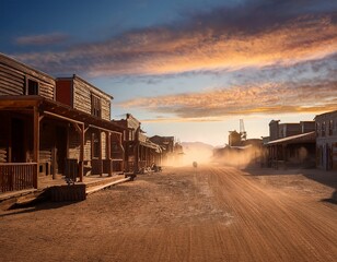 Obraz premium deserted old western town at sunrise with dust swirling through the empty streets under a dramatic sky
