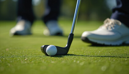Golfer aims at hole on green grass. Player prepares for shot with club and ball. Another person waits, wearing golf shoes. Focus on precision and sport.