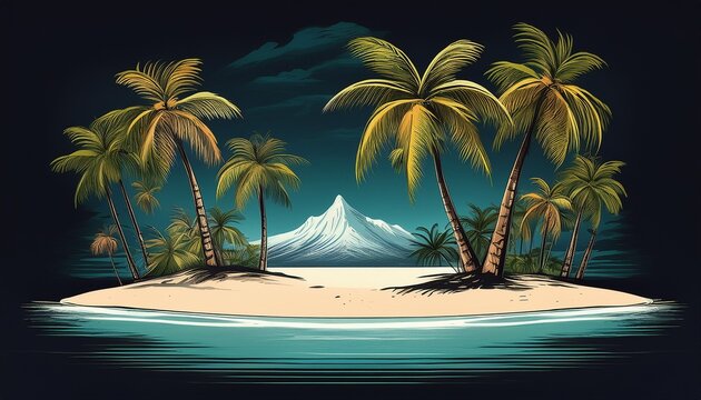 tropical island with palm trees white sand beach and a mountain in the background on black background