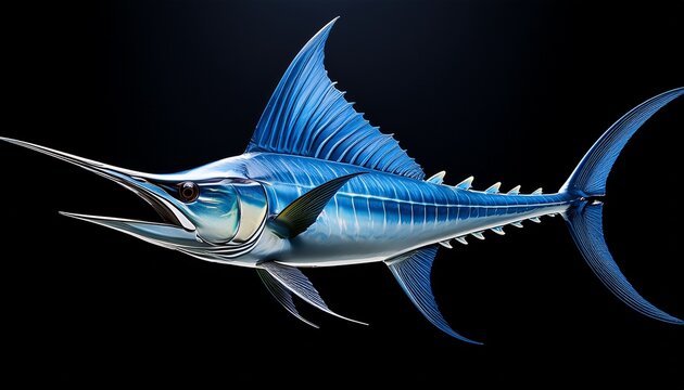 a vibrant blue marlin swimming gracefully against a stark black background in a side profile shot