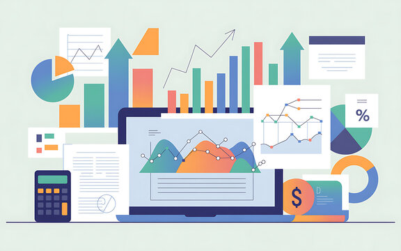 Financial charts and graphs on laptop and papers finance