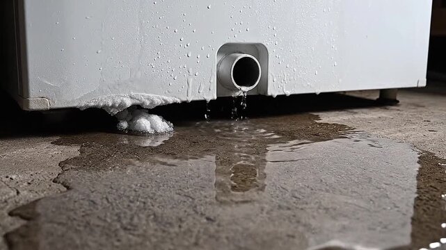 Water pools beneath defrosting deep freezer, puddle spreading slowly.