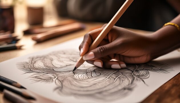 close up of artist hand using pencil to create charcoal sketch on paper showcasing intricate details of artwork - Powered by Adobe