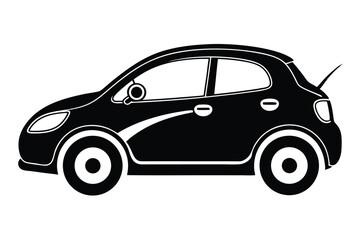 Side view showcases a solid black compact car with stylized white line accents