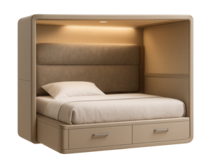 Compact sleeper berth featuring a cushioned headboard and side storage.
