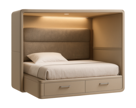 Compact sleeper berth featuring a cushioned headboard and side storage.