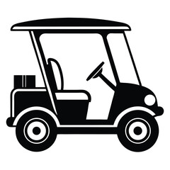 Side view shows a solid black golf cart with a roof in vector