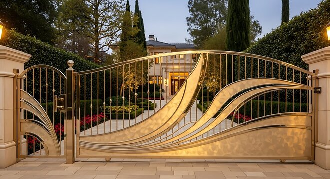 Elegant ornate metal driveway gate with flowing abstract design and illuminated pillars leading to a grand estate mansion at twilight