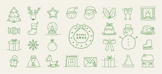 Set of Christmas retro vintage holiday motifs,elements.Xmas and New Year hand-drawn icons in chalk-crayon doodle style.Xmas tree,wreath,snowman,gifts,deer,holiday decoration.Vector grunge sketch style