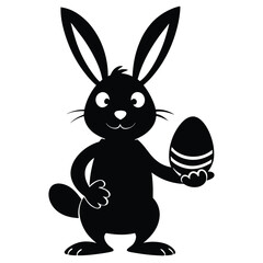 Silhouette of a cheerful bunny holds an easter egg with decorative stripes on a white backdrop