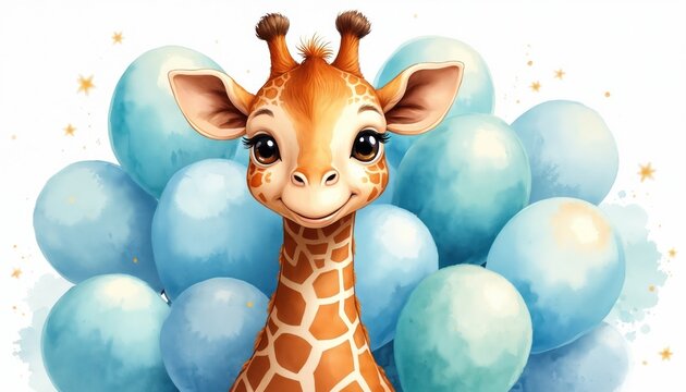 Cute baby giraffe illustration. Pastel blue balloons and gold stars surround adorable young animal. Perfect for birth announcement cards invites.