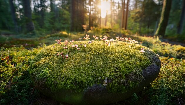 round stone covered in moss and flowers in morning forest light