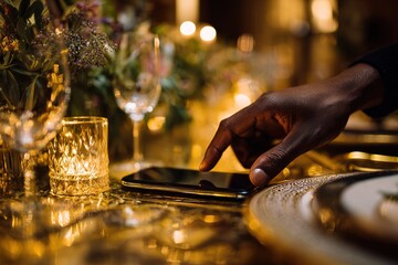Naklejka premium Elegant table setting with candlelight and a hand reaching for a smartphone during a stylish dinner gathering