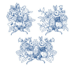 Easter rabbit vector set with eggs flowers and ribbons vintage isolated holiday illustration