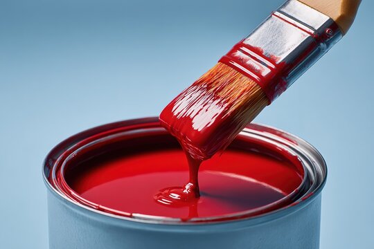 Bright red paint being poured from a brush into an open can against a blue background