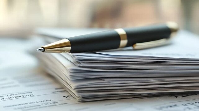 A pen sits atop a stack of papers, ready for use