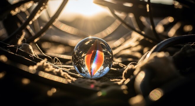 Glass marble reflects a vibrant sunset in tangled rope on ground.