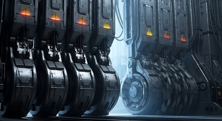 A futuristic industrial corridor with towering metallic structures and glowing lights creating an atmospheric and mysterious sci fi environment