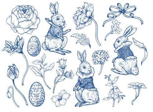 Easter rabbit vector set with eggs flowers and ribbons vintage isolated holiday illustration